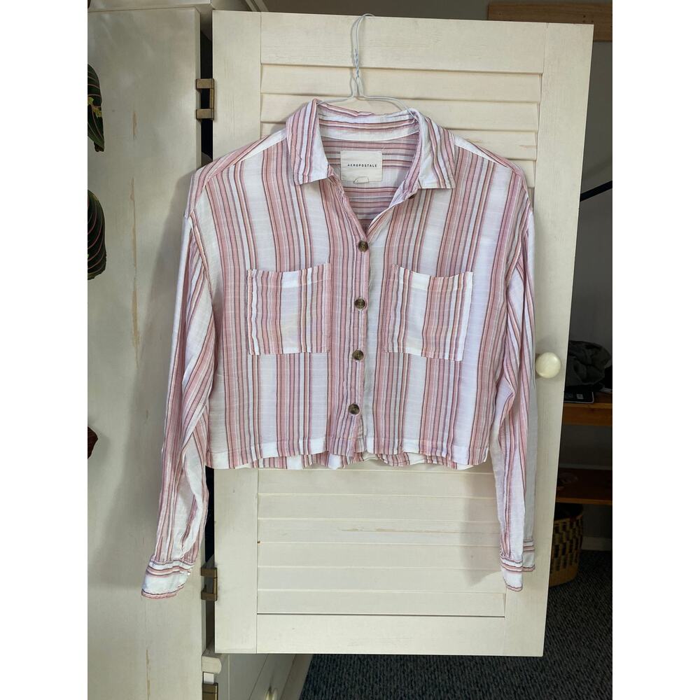 Aeropostale Shirt Cropped Button Down Striped Pink Relaxed Fit Size Small